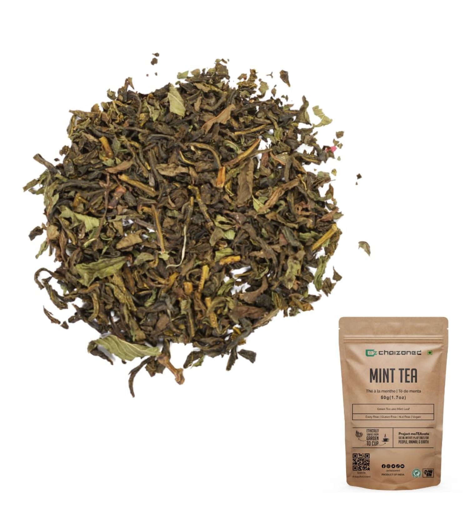 CHAIZONED Mint Loose Leaf Tea | Blend of Spearmint and Dried Green Tea Leaves | Antioxidant Rich Herbal Blend for Energy Boost | Refreshing Flavor Sweet & Minty | Brews upto 25 cups - 50g (1.7 oz) Mint Tea - Buy Online on GoSupps.com