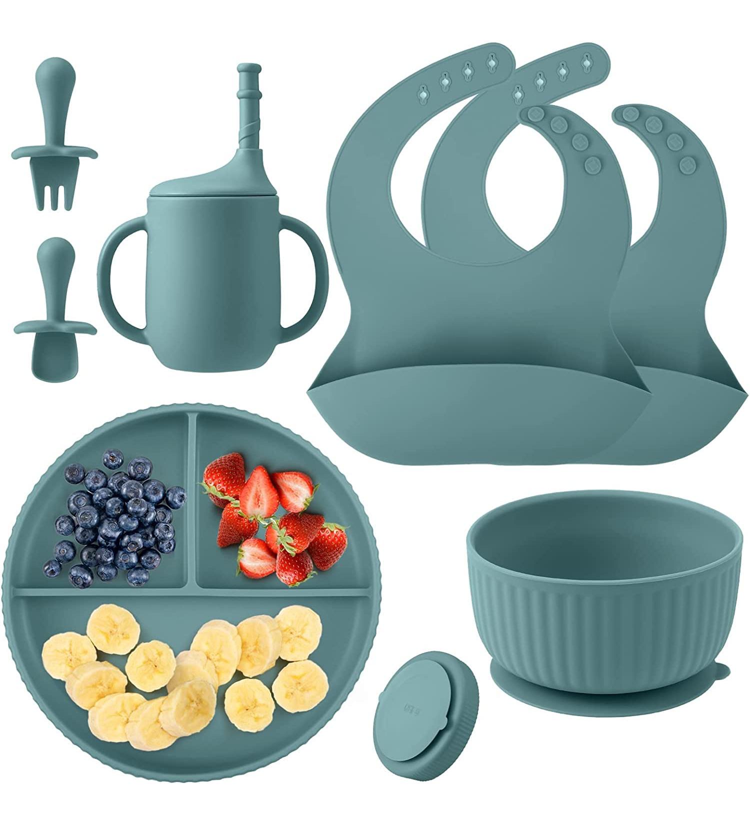 Baby Feeding Set: Silicone Bib, Suction Divided Bowl, Spoon, Fork - Toddler Utensils for Baby Led Weaning - 6 Months (Blue Green) - Buy Online on GoSupps.com