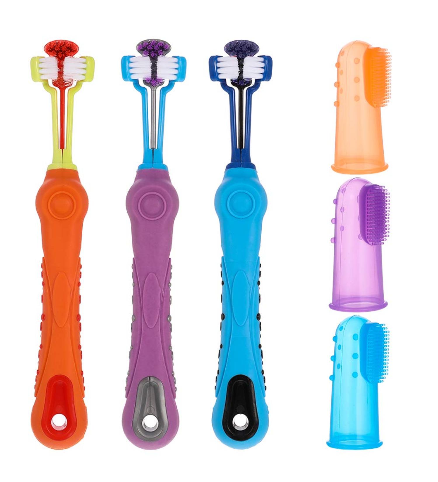 tonyg-p 3 Sided Dog Toothbrush with Silicone Finger Toothbrush Pet Toothbrush Addition Bad Breath Tartar Teeth Care for Small to Large Dogs Cats Cleaning Mouth (Orange Purple Blue) - Buy Online on GoSupps.com