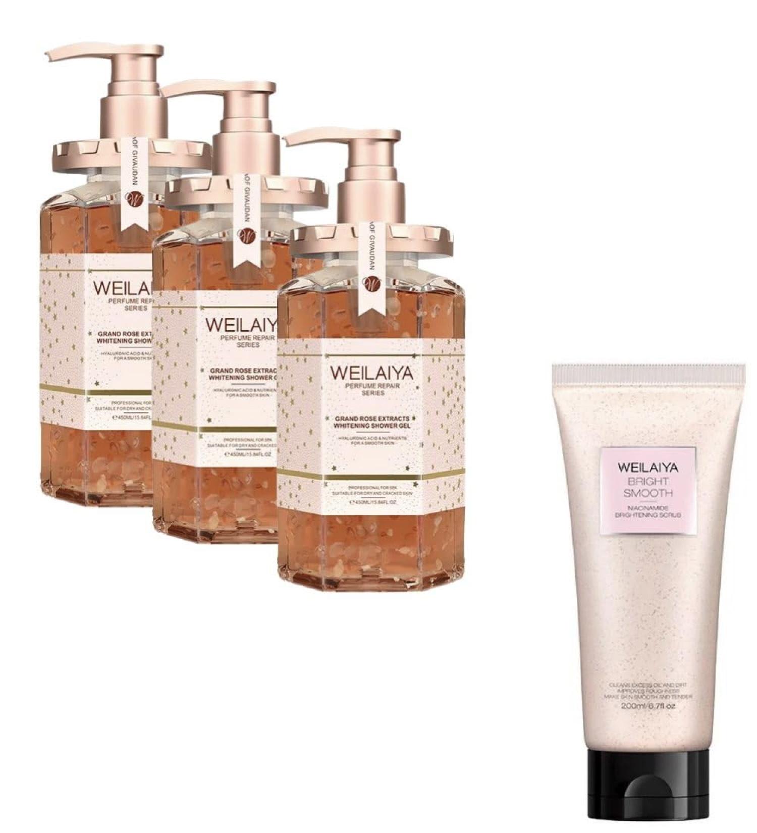 Shop 3X Damask Weilaiya Grand Rose Extract Shower Gel 450mL + FREE Niacinamide Pecan Body Scrub 200mL - International Shipping Available - Buy Online on GoSupps.com