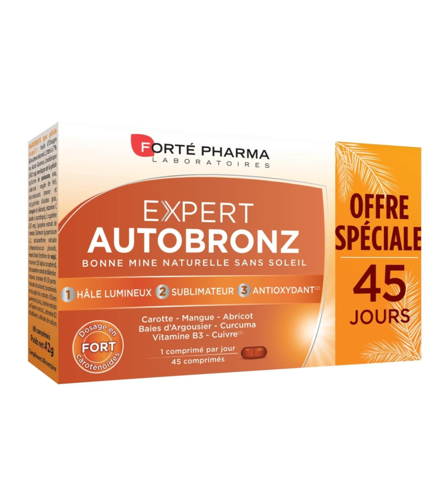Fort Pharma - AutoBronz Expert | Food Supplement Tanning - Carotenoids Evening Primrose Oil Turmeric Copper Carrot - Good Mine Sublimated Complexion Antioxidant | 45 tablets 1/day - Buy Online on GoSupps.com