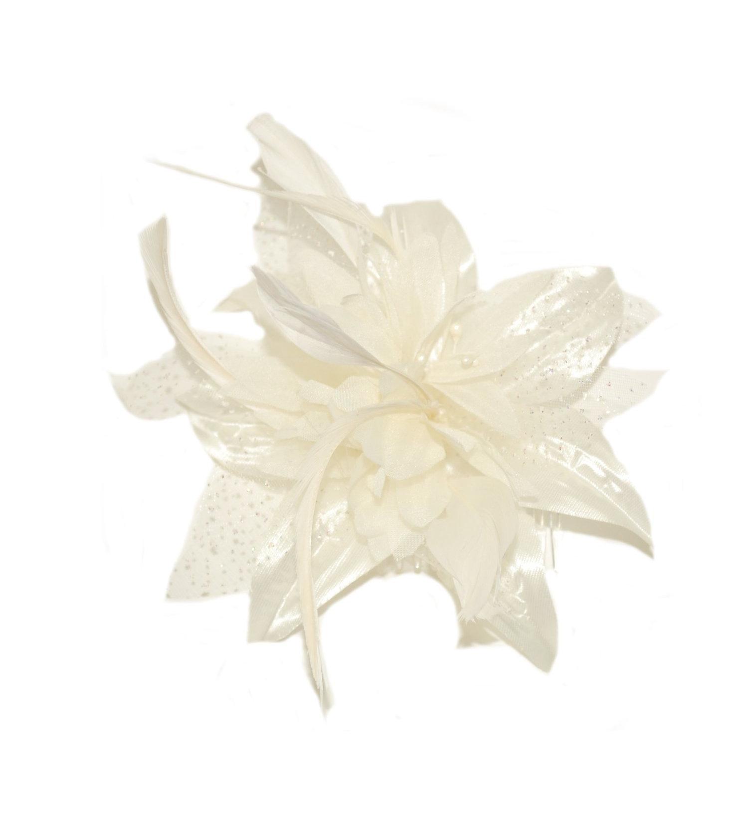 Cream chiffon flower & feather fascinator on comb. Perfect for weddings races or other special occasions. - Buy Online on GoSupps.com