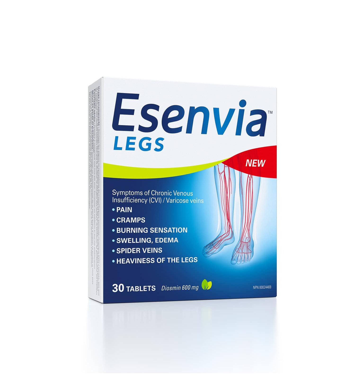 Esenvia Legs Chronic Venous Insufficiency Relief Tablets 34g - Helps Relieves signs and symptoms of Varicose Veins Spider Veins Heaviness of the legs Pain Swelling Burning Sensation - 30 Count - Buy Online on GoSupps.com