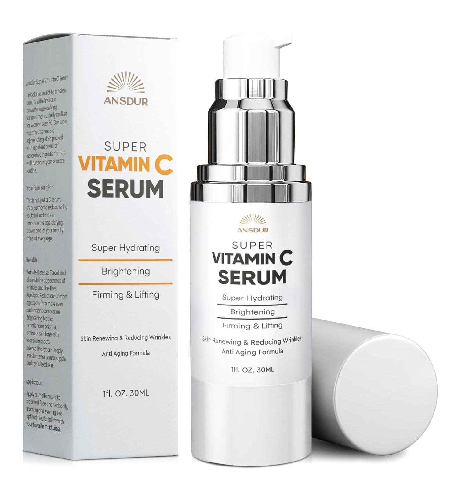 ANSDUR Super Vitamin C Serum for Women 70+: Anti-Aging Hydrating Face Serum with Niacinamide Bakuchiol & Hyaluronic Acid - Korean Skincare 1 fl oz - Buy Online on GoSupps.com
