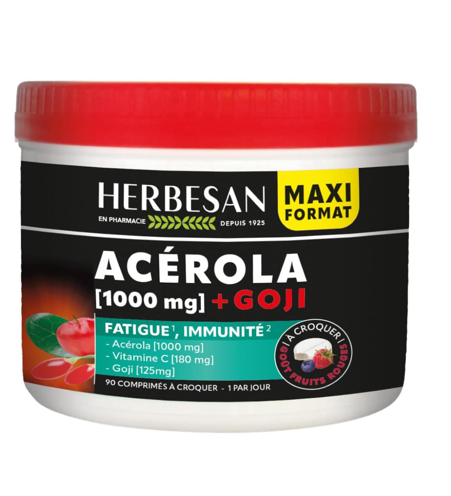 HERBESAN -ACEROLA 1000 + GOJI-Haute concentration en Vitamine C-R duction de la fatigue- Ac rola naturelle - 90 comprim s croquer 271 g (Lot de 1) - Buy Online on GoSupps.com