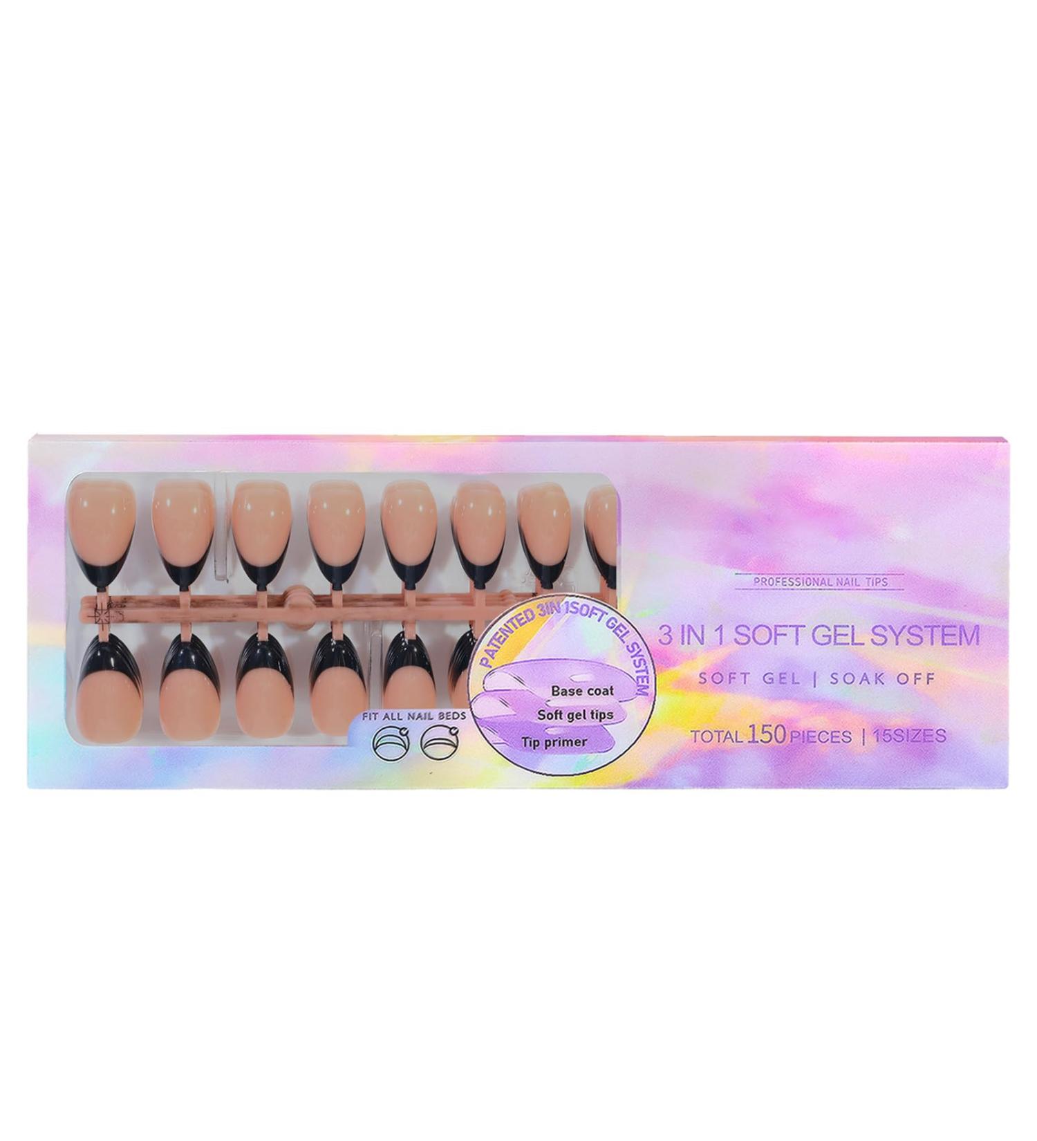 French Tip Press On Nails Almond - Reusable French Manicure Press On Nails | Beauty Nail Kit For Parties Cosplay Performance Aezon French Black Wear 15 - Buy Online on GoSupps.com