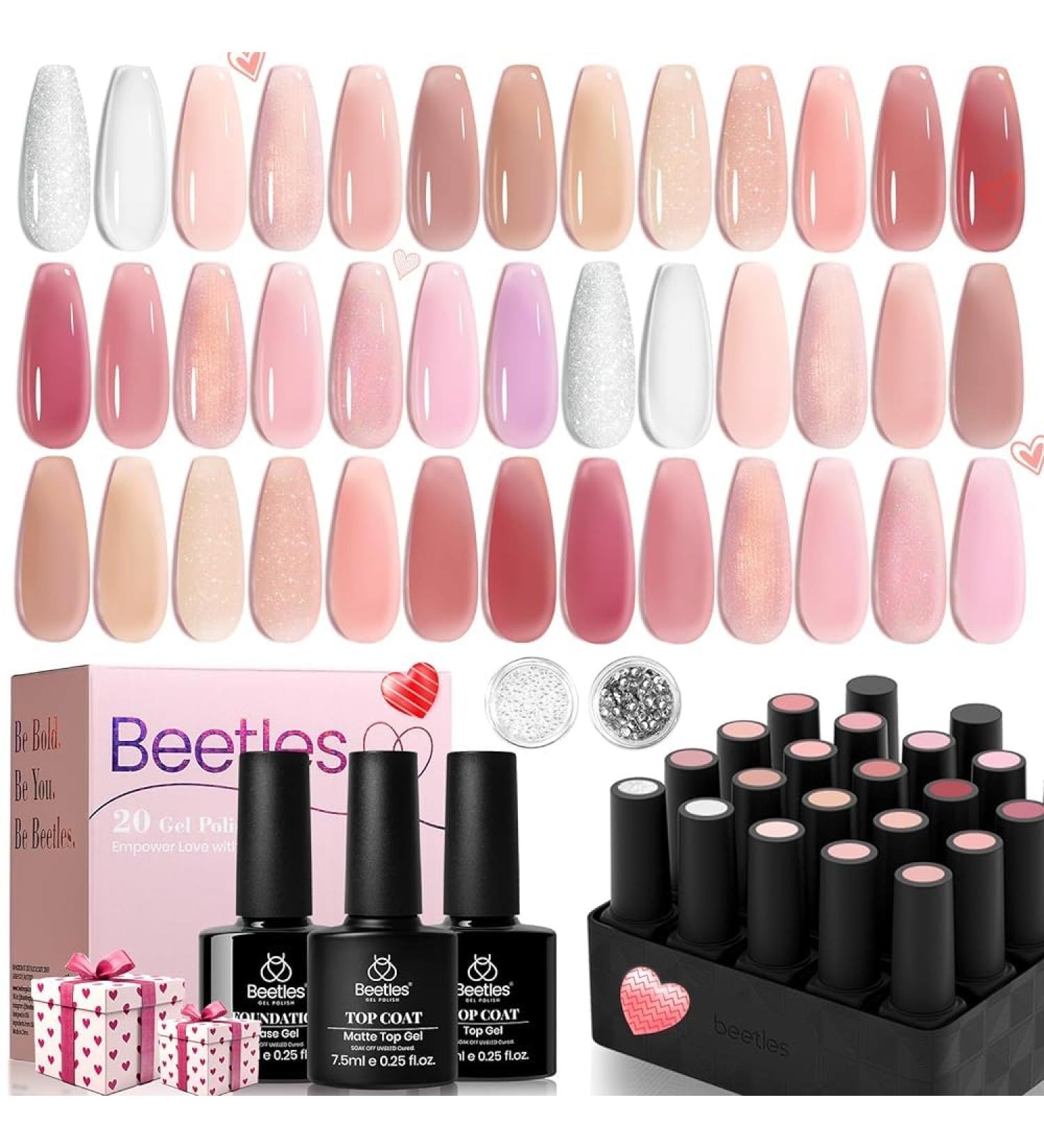 Beetles Pink Nude Gel Nail Polish Set - 20 Colors Summer Neutral Jelly & Glitter UV Gel Kit | Soak Off with Base & Top Coat | Perfect DIY Manicure Gifts - Buy Online on GoSupps.com