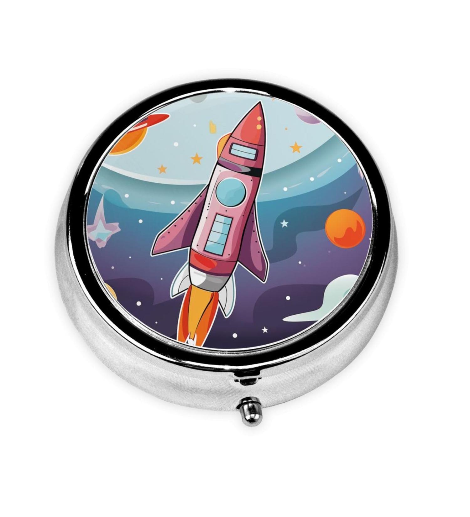 Buy Cartoon Rocket & Universe Portable Metal Pill Box - Round Mini 3-Compartment Hinged Design Perfect for Travel - Small Pills Organizer - Buy Online on GoSupps.com