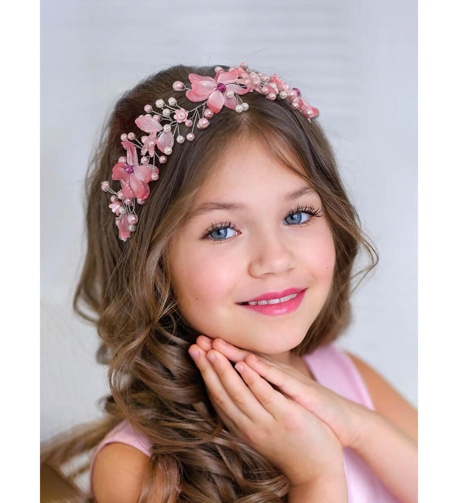 IYOU Flower Girl Hair Accessories Pink Floral Wedding Headband Pearl Wedding Holy Communion Headpiece for Girls - Buy Online on GoSupps.com