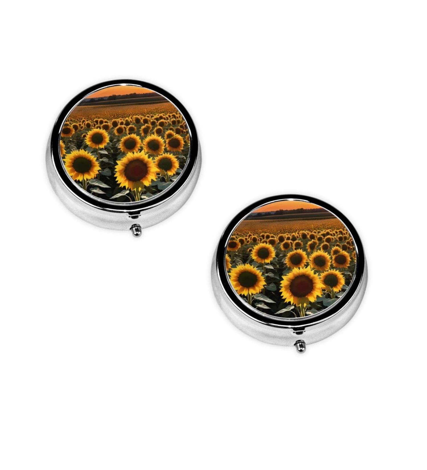 Farm Sunflowers Printed Mini Round Pill Box - 3 Compartment Travel Pill Organizer for Home & Office use - Buy Online on GoSupps.com