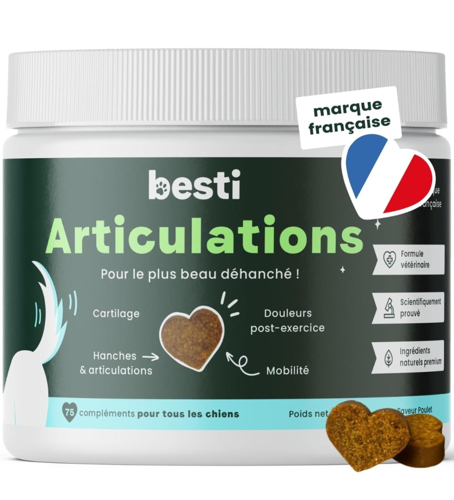 BESTI - Joints | 75 Premium Food Supplements for Dogs | Anti-Arthrosis Improves Joint Mobility and Cartilage | French Brand - Veterinary Formula | With Chicken | 300 GR - Buy Online on GoSupps.com