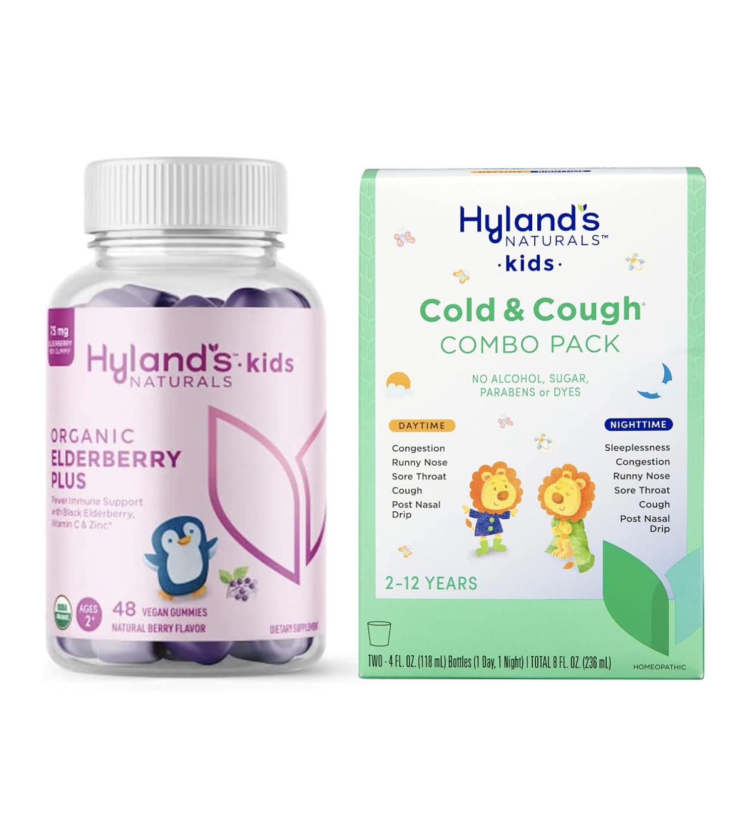 Hyland's Naturals Kids Organic Elderberry Plus Gummies + 4Kids Cold & Cough Daytime (4 fl. oz.) & Nighttime (4 fl. oz.) Value Pack Cough Syrup - 48 Vegan Kids Gummies + 8oz. Cold & Cough Syrup - Buy Online on GoSupps.com