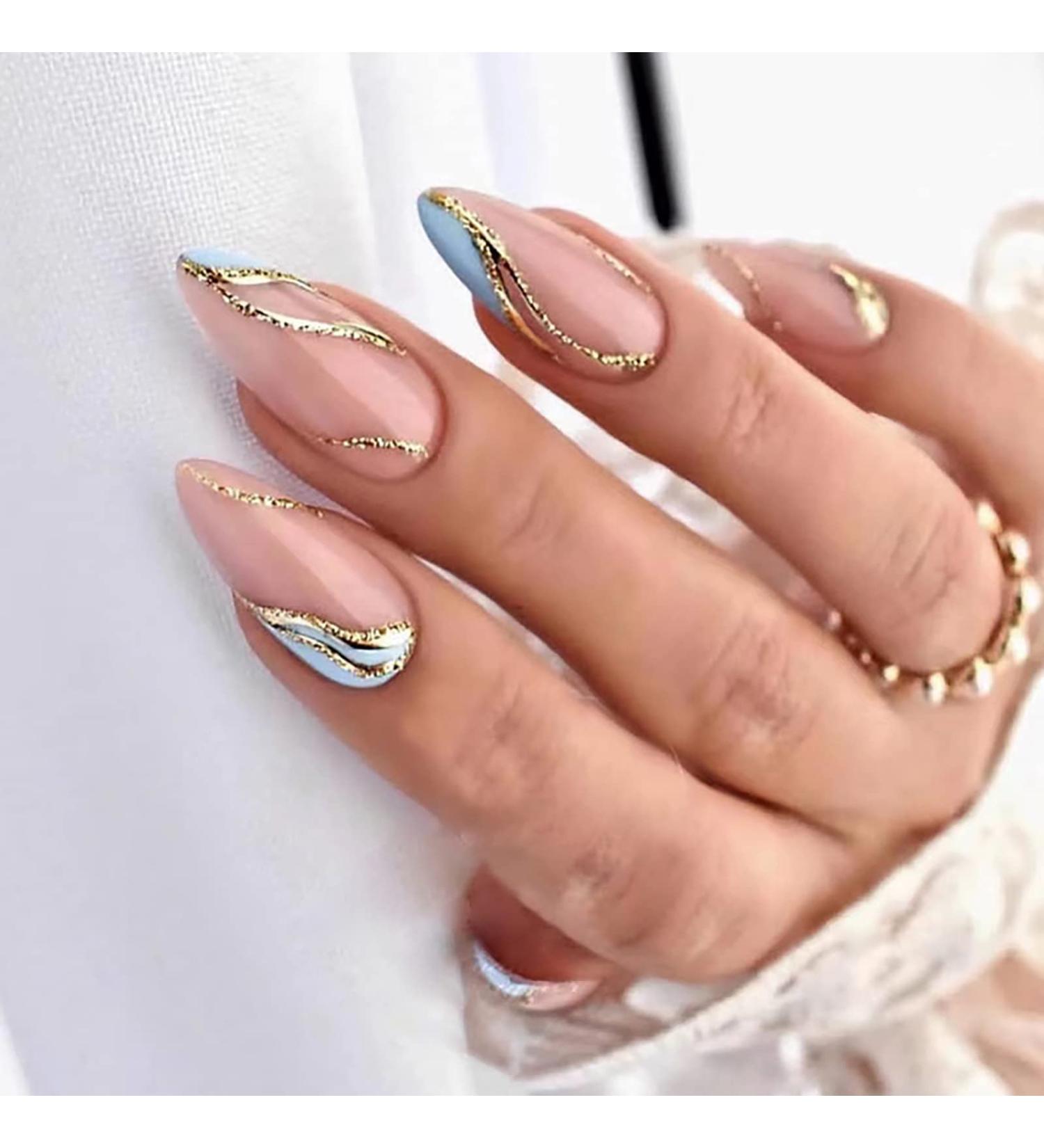 24Pcs Medium Length Almond Shape Blue Glitter Press on Nails - Reusable Full Cover False Acrylic Nails for Women and Girls - Buy Online on GoSupps.com