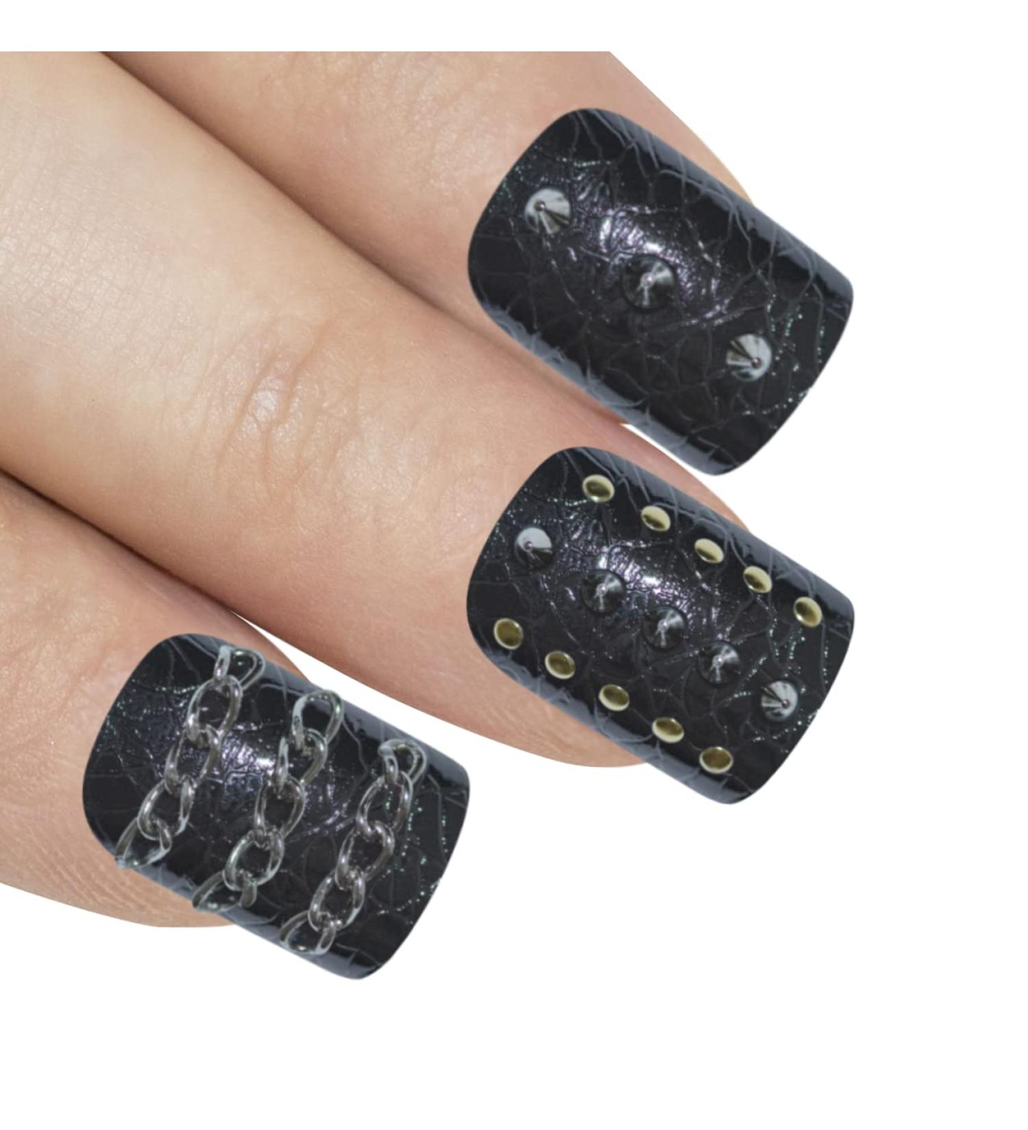 Buy False Nails Bling Art Black Punk French Squoval - 24 Medium Acrylic Tips for Stunning Nail Art - International Shipping Available - Buy Online on GoSupps.com