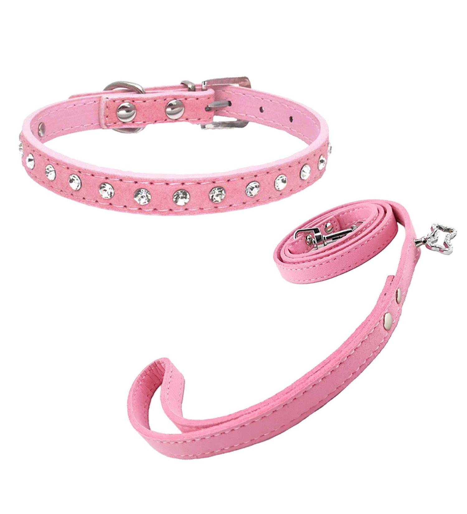 Newtensina Cute Diamante Puppy Collar and Leash Set Bling Suede Collar with Lead for Small Dogs Cats - Pink - XS XS Pink - Buy Online on GoSupps.com