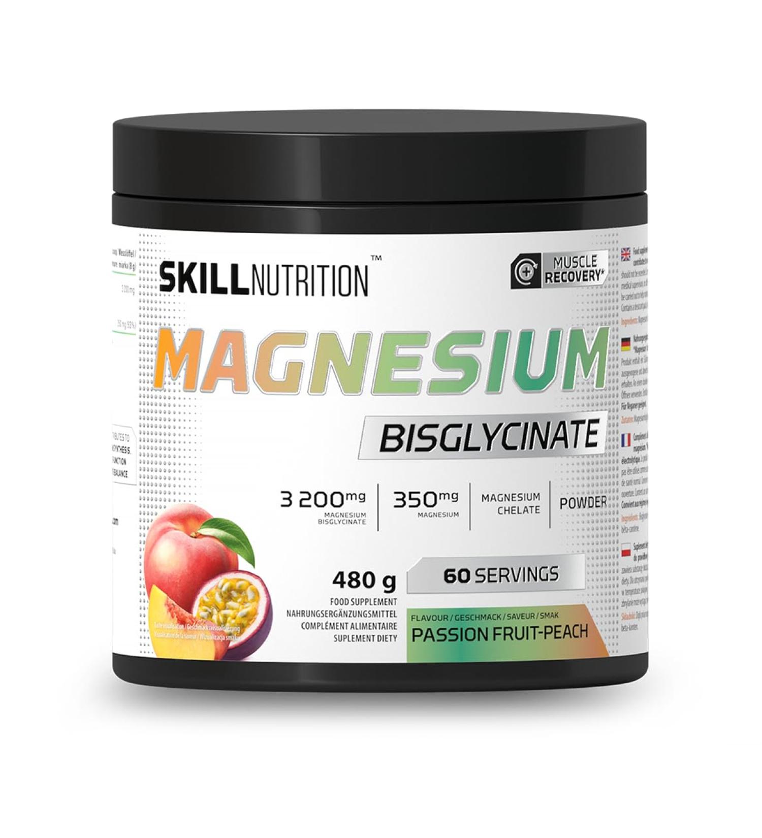 SKILL Nutrition Bisglycinate de magn sium | Saveur fruit de la passion-p che | 350 mg de magn sium par portion | Soutient les muscles le syst me nerveux et r duit la fatigue | 480 g - Buy Online on GoSupps.com