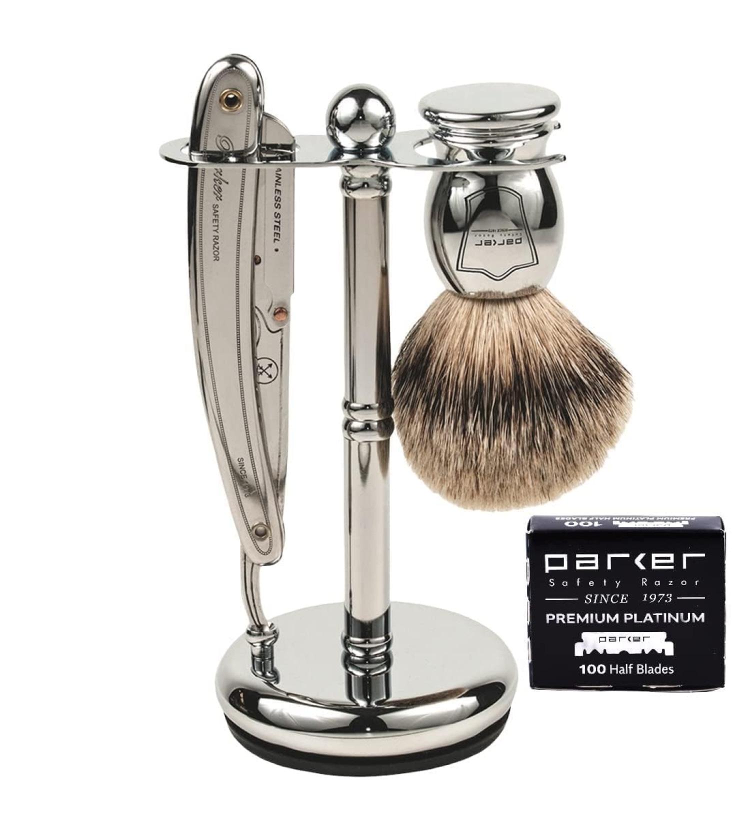 Parker SR1 Men s Shave Set - Pure Badger Brush Razor Stand & 100 Blades | International Shipping Available - Buy Online on GoSupps.com
