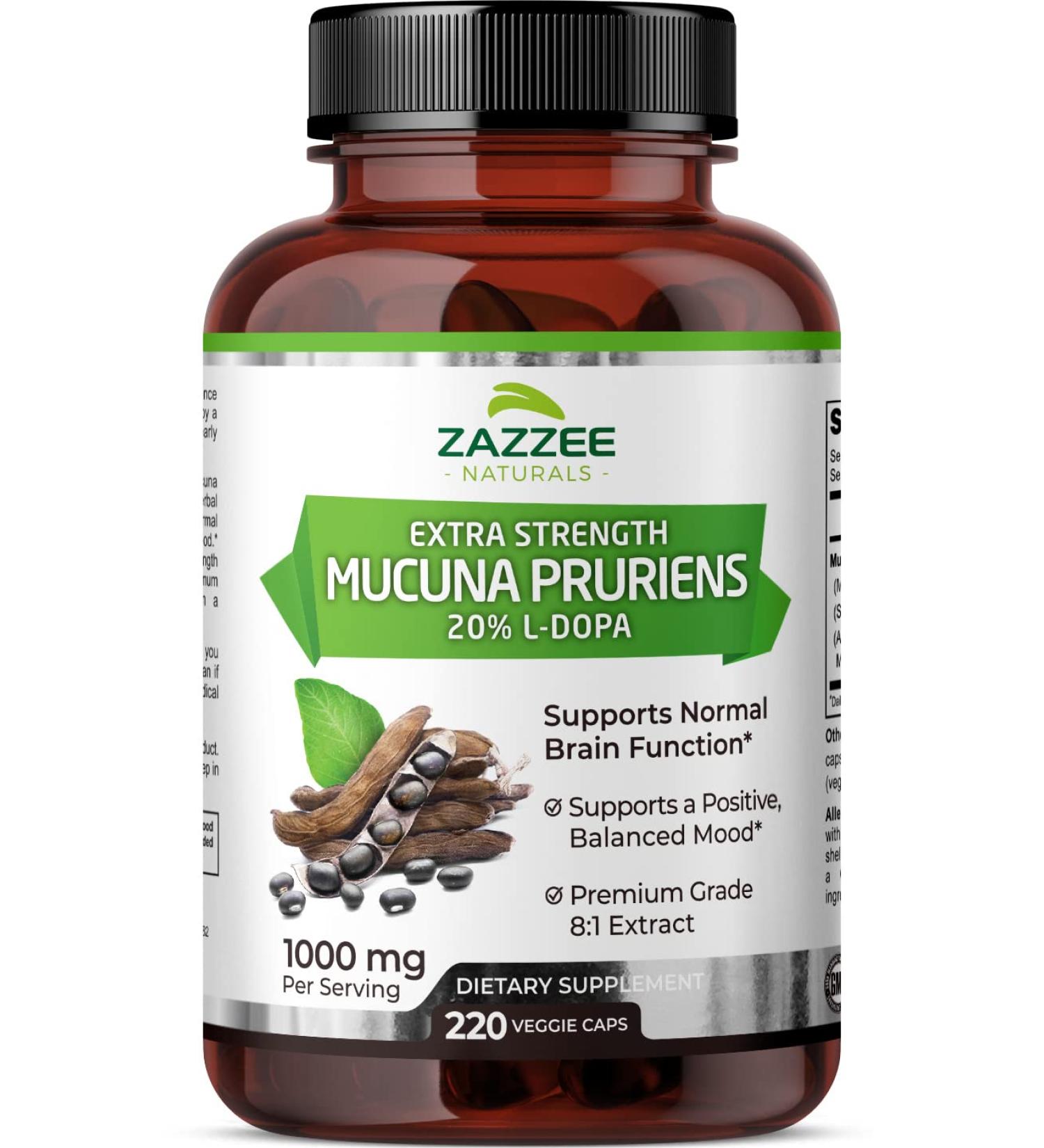 Zazzee Mucuna Pruriens 20% L-Dopa Extract 1000mg - 220 Vegan Capsules | Extra Strength, Non-GMO, Gluten Free - Buy Online on GoSupps.com