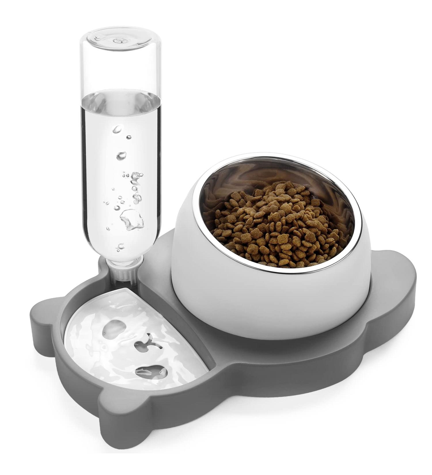 Elevated Tilted Cat Food and Water Bowl Set with Automatic Dispenser - Grey-Stainless Steel - Buy Online on GoSupps.com