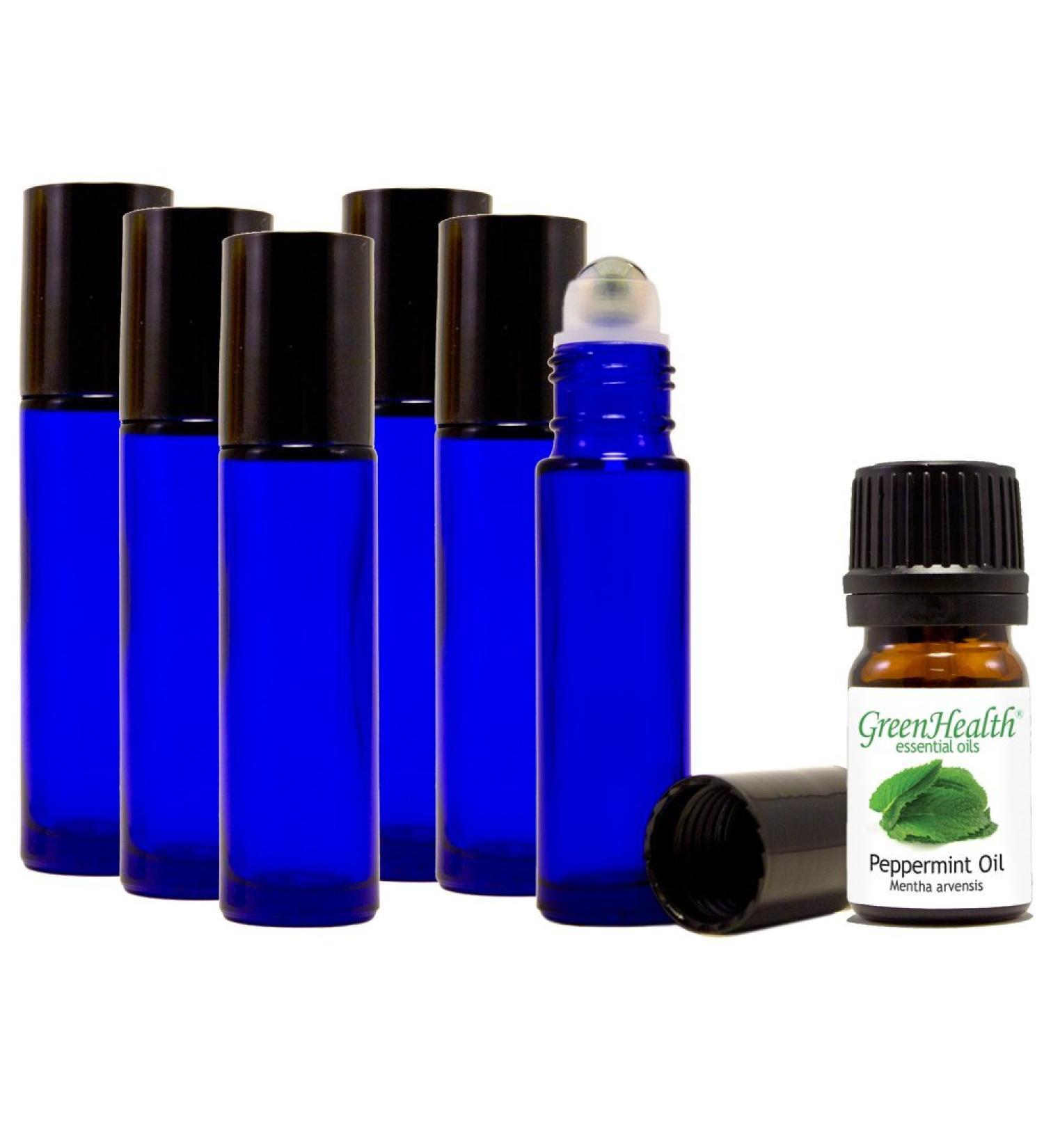 GreenHealth 10ml Glass Roll-On Bottles with Stainless Steel Roller (Pack of 6) + 5ml Peppermint Oil - Premium Quality for Essential Oils | International Shipping Available - Buy Online on GoSupps.com