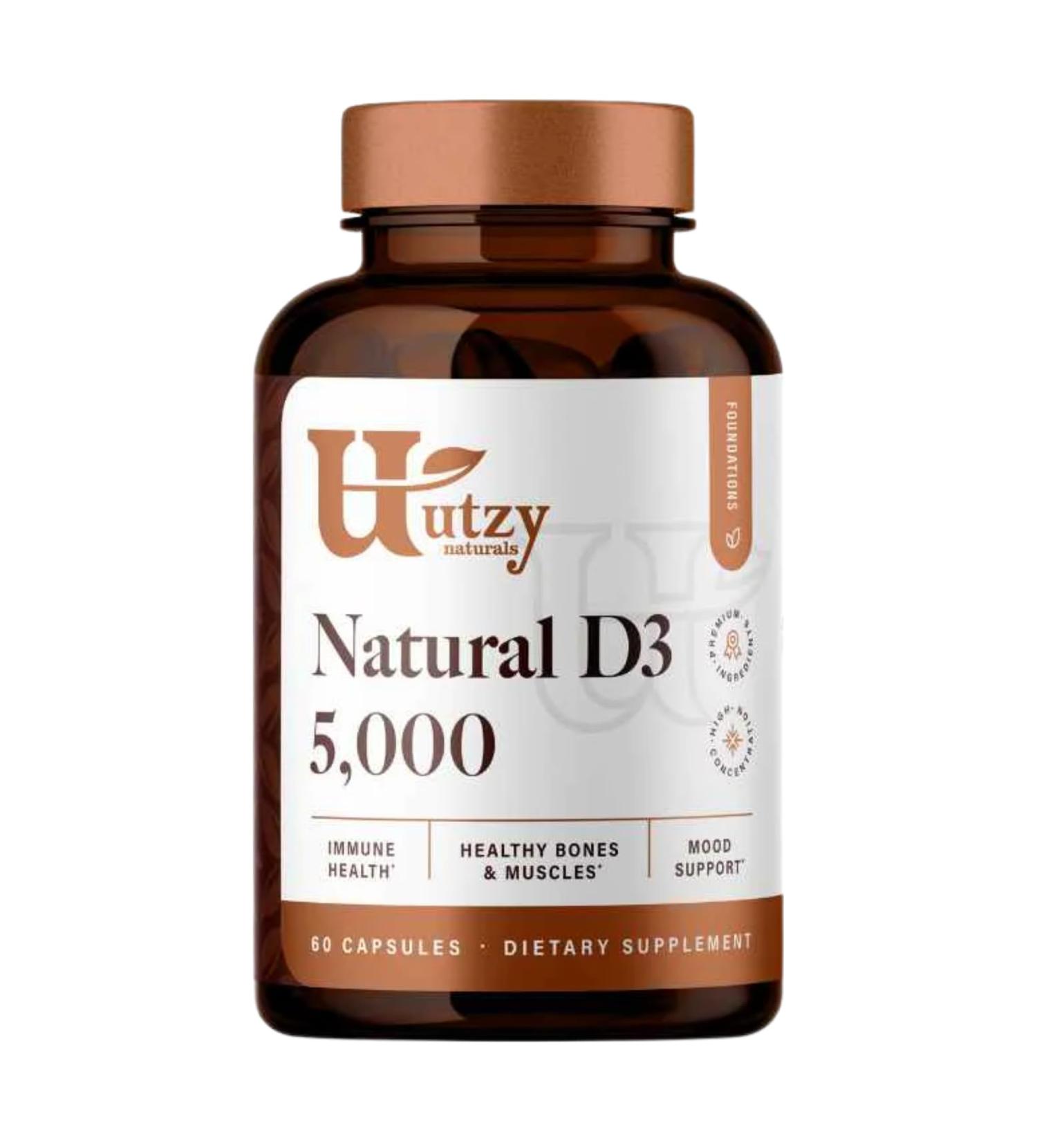 Utzy Naturals D3 5,000 IU | Vitamin D Cholecalciferol | Made in USA | 3rd Party Tested | 60 Capsules - Buy Online on GoSupps.com