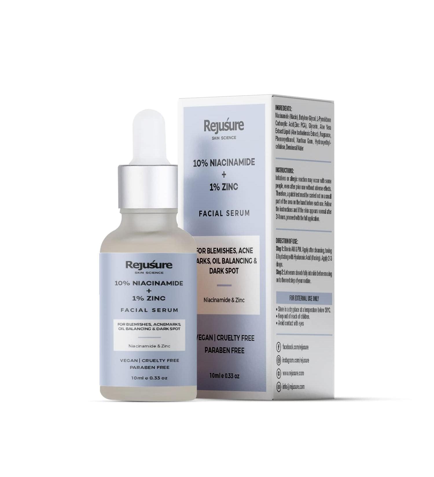 Re'jusure 10% Niacinamide + 1% Zinc Face Serum - Blemish | Oil Balancing & Dark Spot Fade | Men & Women | Cruelty-Free & Dermatologist Tested 10ml - Buy Online on GoSupps.com