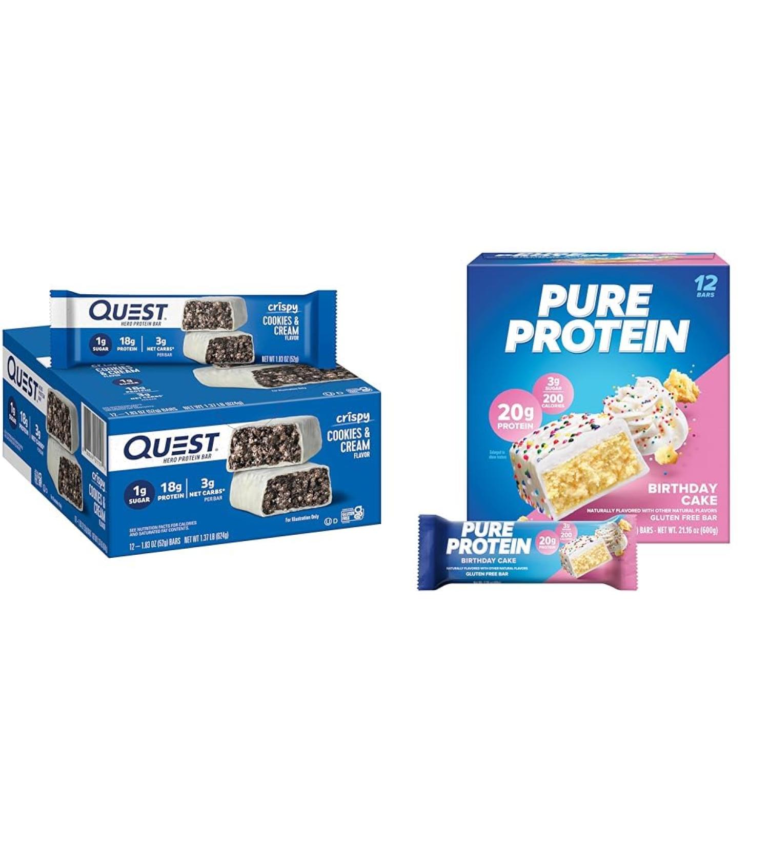 Quest Cookies & Cream Hero Protein Bar 18g Protein 12 Count and Pure Protein Birthday Cake Protein Bar 20g Protein 12 Count Bundle