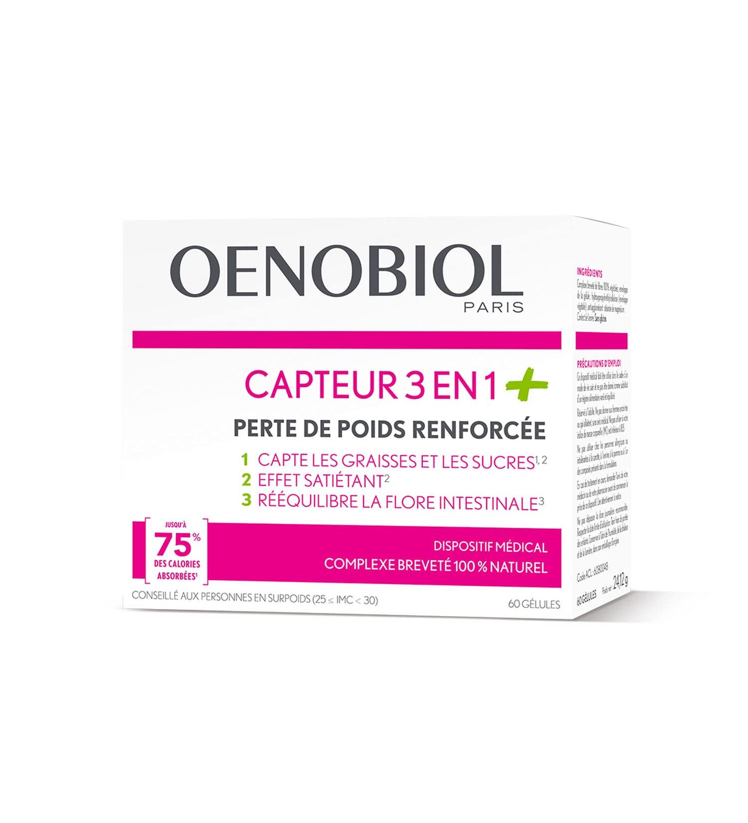 OENOBIOL - Medical Device - Slimming - 3 in 1+ Sensor - Captures Fat and Sugars(1)(2) - Satietating Effect(2) - Rebalances the Intestinal Flora(3) - 1 Box of 60 Capsules - Buy Online on GoSupps.com