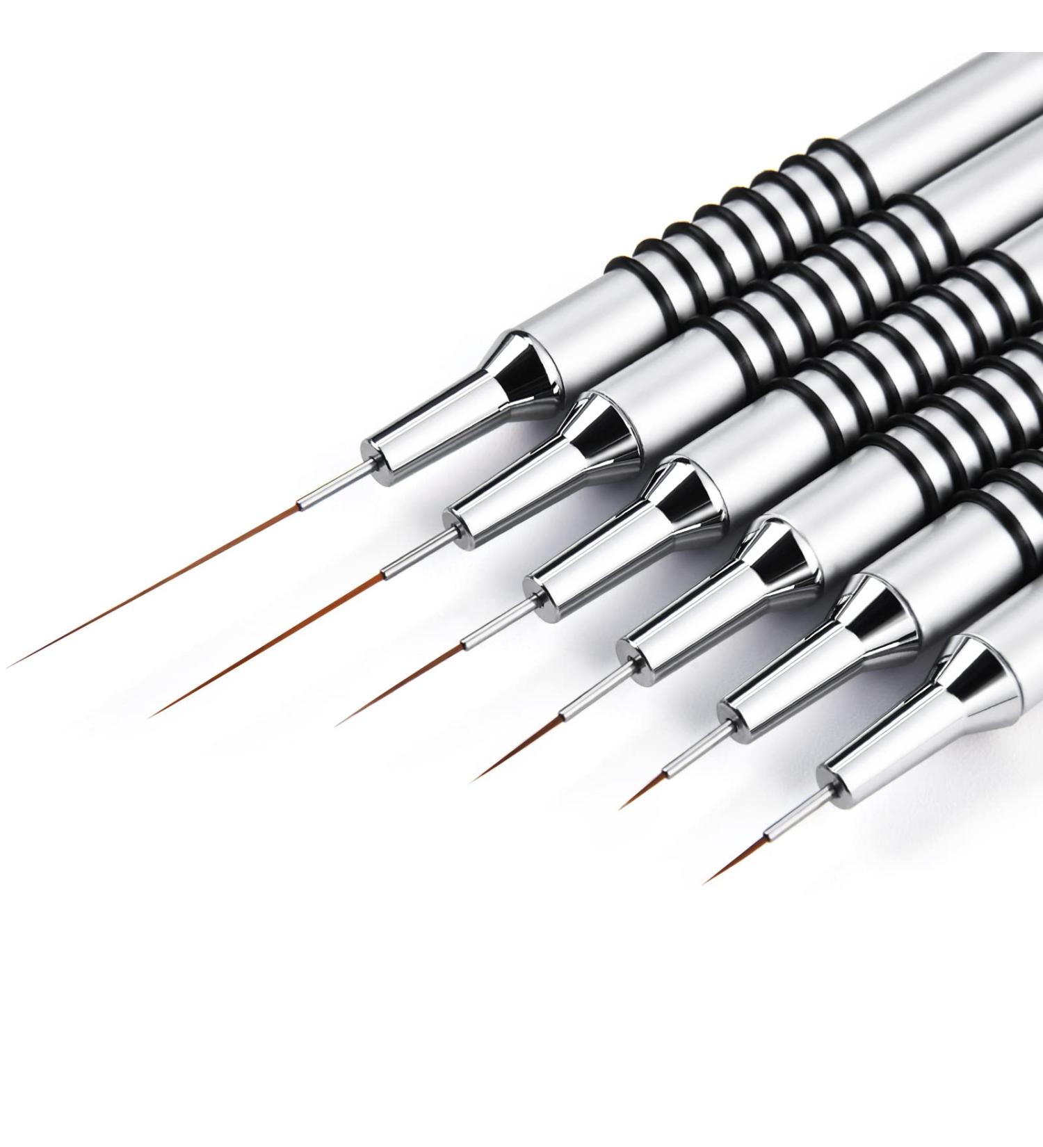 Nail Art Liner Brushes Set - 6Pcs Striping Dotting Drawing Pens for UV Gel Polish - Metal Handle Design Brush Kit - Sizes 5/7/9/11/20/25mm - Silver - Buy Online on GoSupps.com