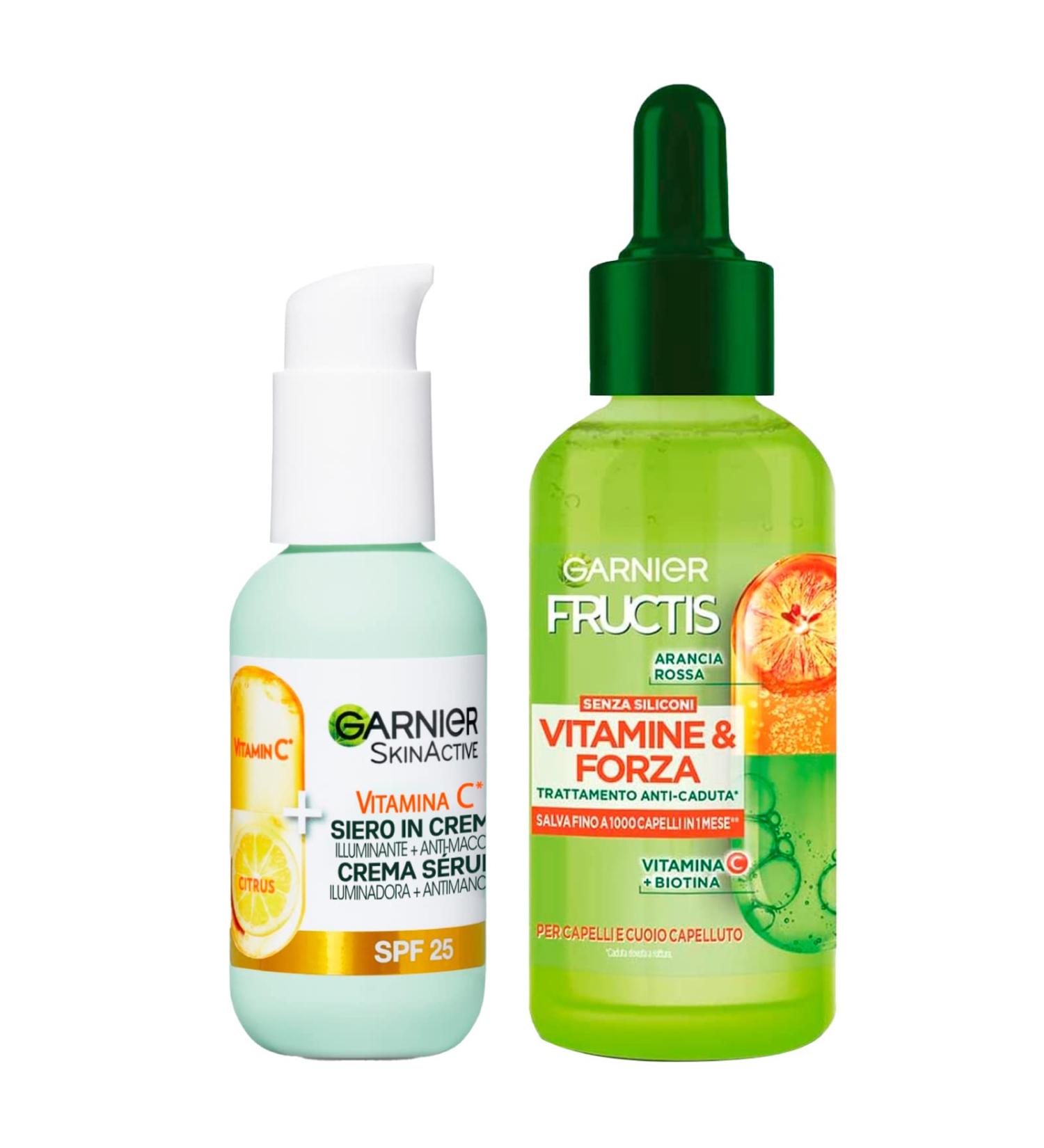 Garnier Fructis Vitamins and Strength Anti Hair Loss Treatment with Biotin and Vitamin C 125ml + Skinactive Vitamin C Illuminating and Anti Stain Face Serum Cream with SPF25 50ml - Buy Online on GoSupps.com