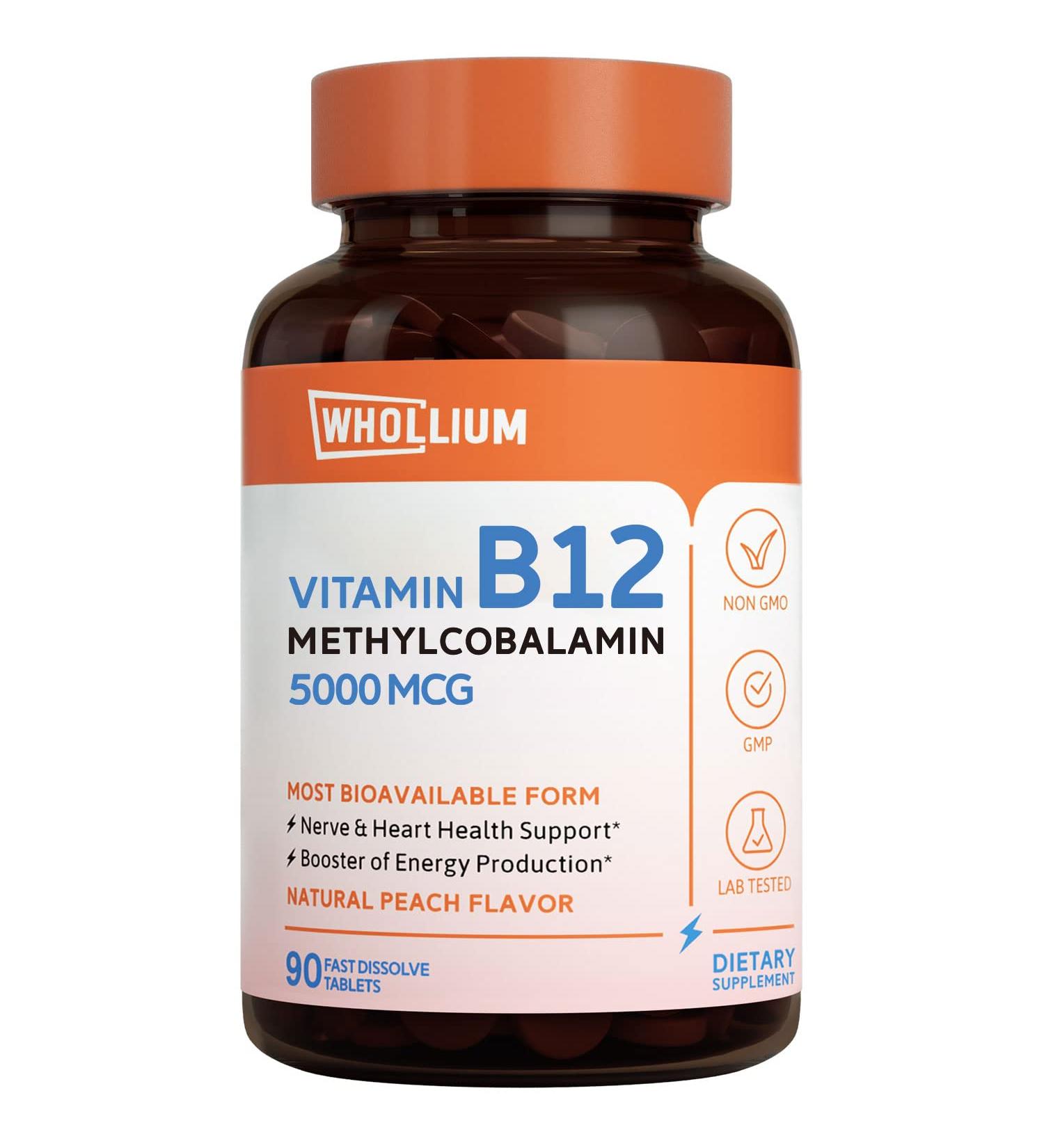 Whollium Methyl B12 5000mcg Supplement - Vegan, Fast Dissolve, Peach Flavor - Energy, Heart & Brain Health - 90 Tabs - Buy Online on GoSupps.com
