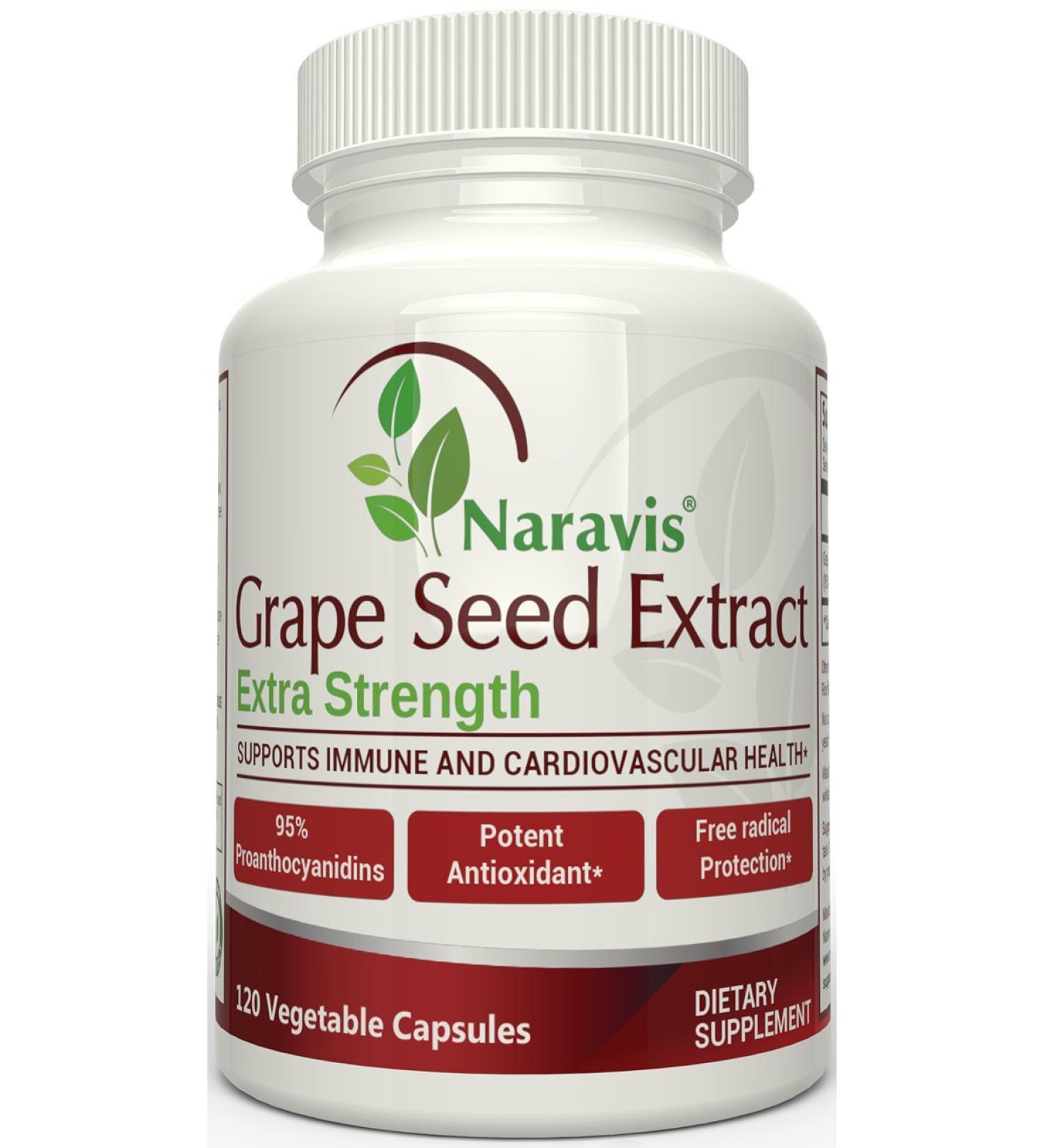 Grape Seed Extract 400mg - 95% Polyphenols Proanthocyanidins - 120 Veggie Capsules - Non-GMO Antioxidant Supplement by Naravis - Buy Online on GoSupps.com
