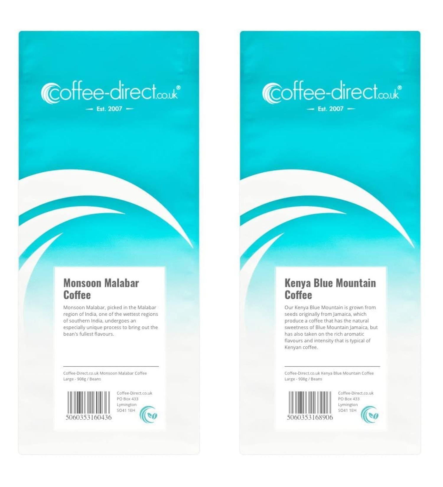 Coffee Direct Monsoon Malabar Coffee Beans 908 g & Kenya Blue Mountain Coffee Beans 908 g - Buy Online on GoSupps.com