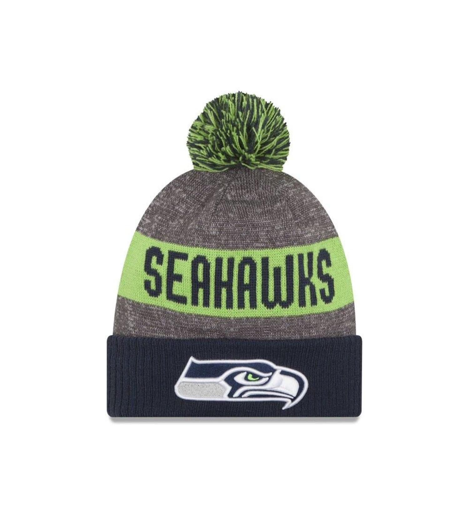 New Era Seattle Seahawks Beanie NFL Sideline Bobble Grey/Navy/Green - One-Size