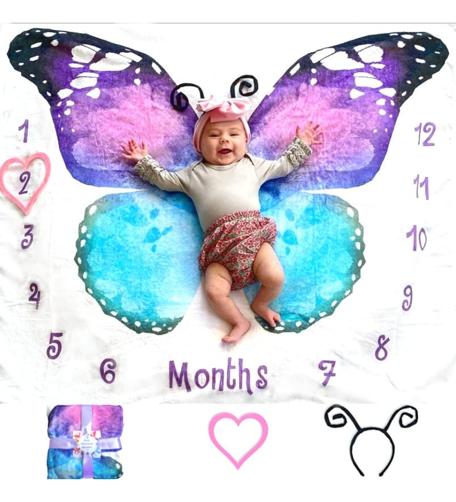 Evovee Baby Monthly Milestone Blanket for Girls - Butterfly Theme | Newborn Photography Props with Marker, Headband, Fleece | Perfect Gift for New Moms - Buy Online on GoSupps.com