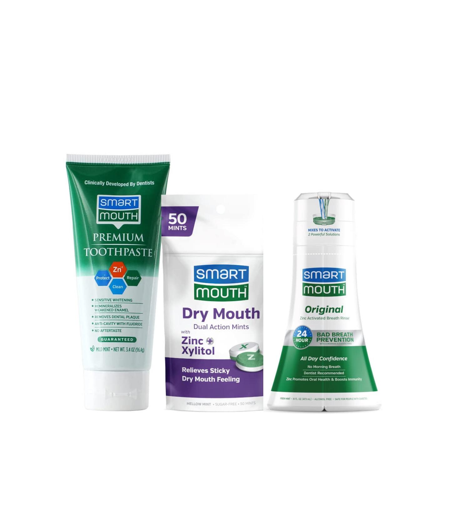 SmartMouth Package with Original Activated Mouthwash - 16 Fl Oz Fresh Mint & Dry Mouth Dual-Action Mints - 50 Count Mellow Mint & Premium Zinc Ion Toothpaste - 6 oz Mild Mint