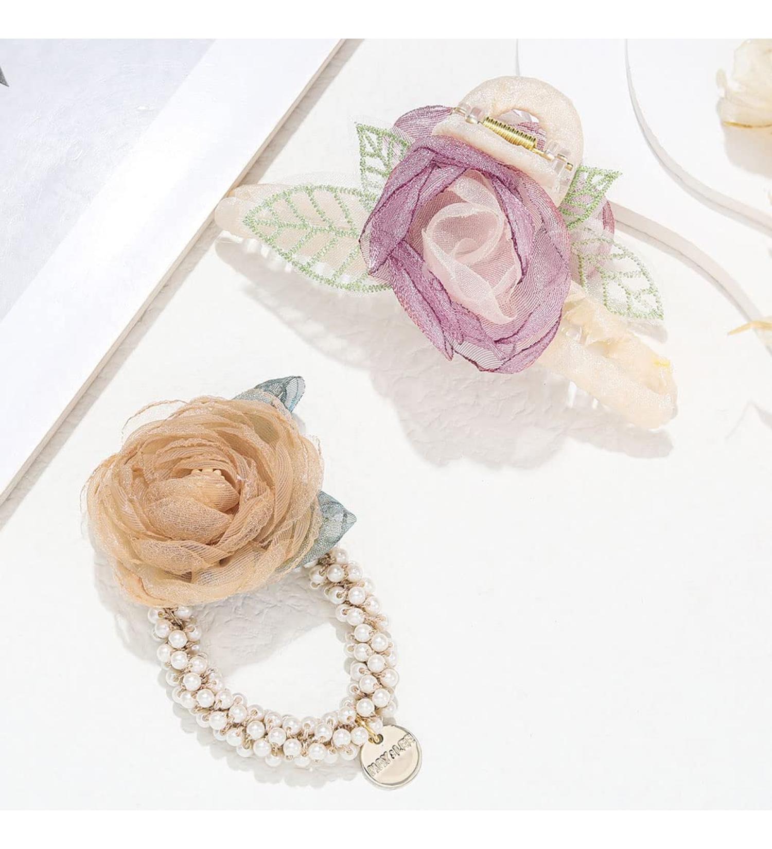 Brinie Floral Hair Claw & Pearl Hair Ties Set | Flower Hair Clip & Ponytail Holder Accessories for Women/Girls (2 Pack) - Buy Online on GoSupps.com