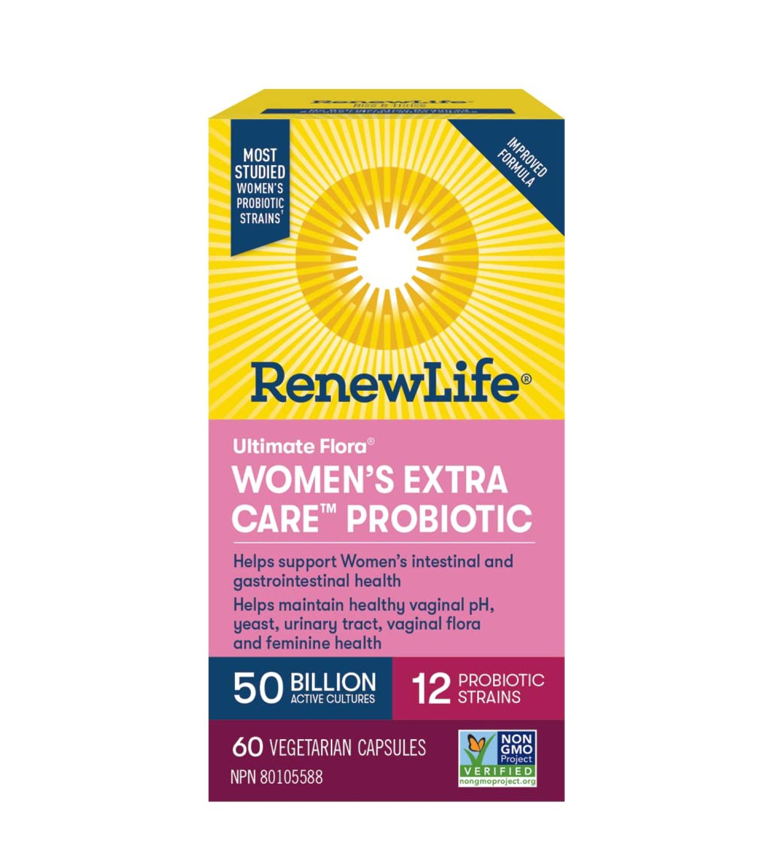 Renew Life Probiotics Ultimate Flora Women's Extra Care Probiotic Helps maintain healthy vaginal pH yeast urinary tract and feminine health 50 Billion Active Cultures 60 Vegetarian capsules - Buy Online on GoSupps.com