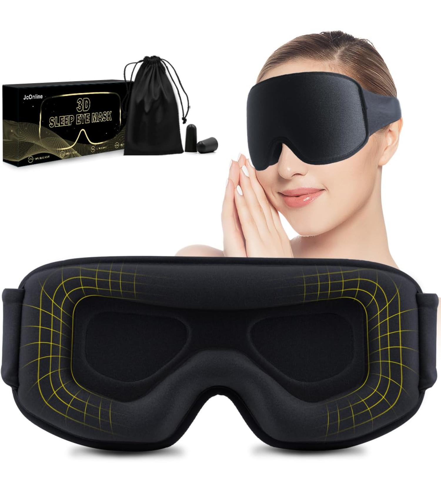 Shop Widened 3D Sleep Mask for Big Heads | 100% Blackout & Washable Eye Mask with Adjustable Strap | Ideal for Lash Extensions - Comfortable Black Eye Cover with Earplugs - Buy Online on GoSupps.com