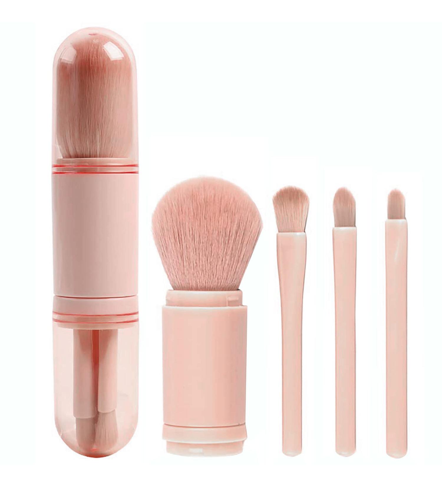 JewelryWe 4 in 1 Retractable Makeup Brush Set - Travel Lip Highlight Eyeshadow & Foundation Brushes | Portable Pink Cosmetic Brushes - Buy Online on GoSupps.com