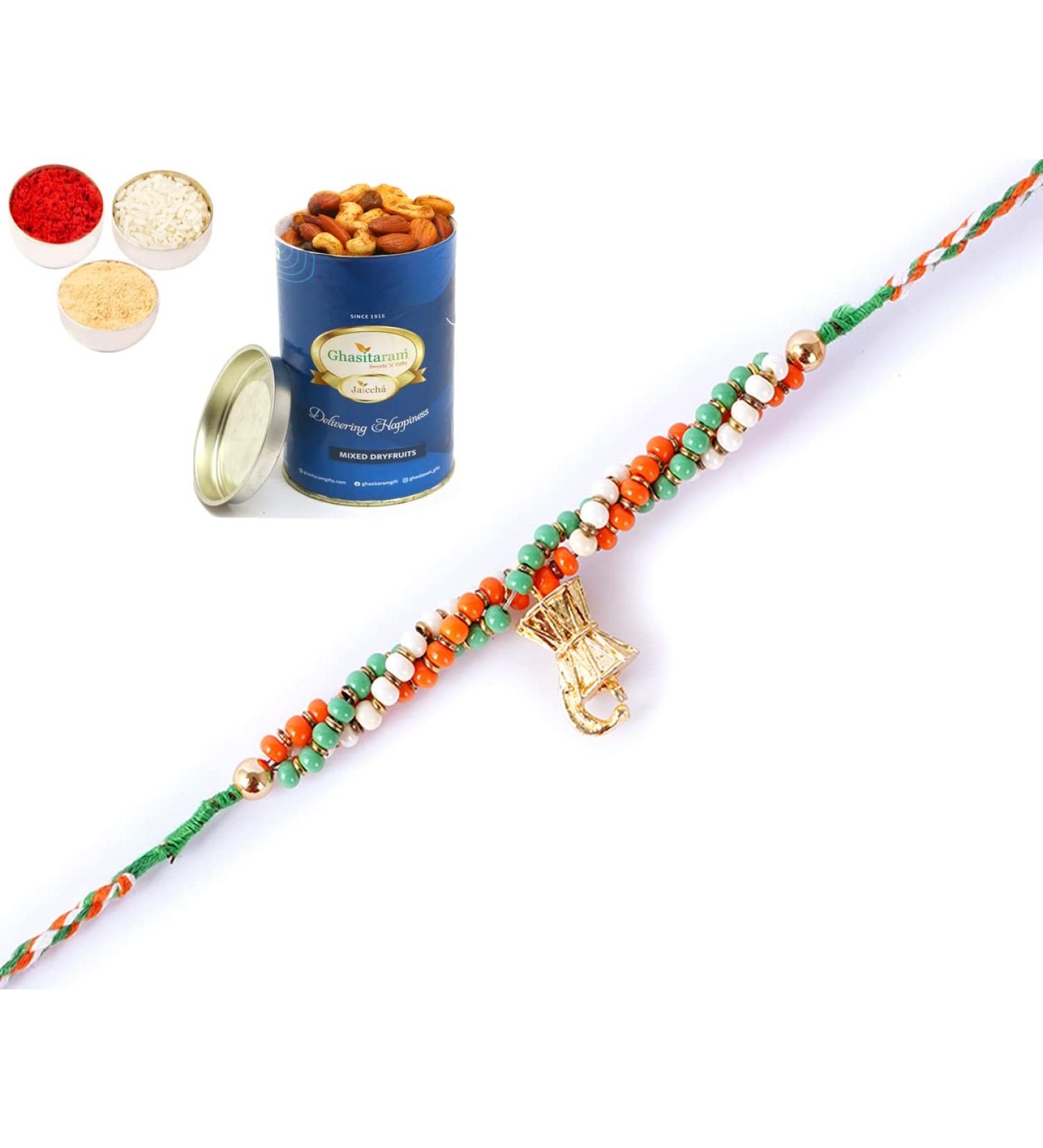 Ghasitaram Gifts Rakhi for Brother Rakhis Online - RM-589 Premium Rakhi with 100 GMS of Dryfruits Mix Can - Buy Online on GoSupps.com