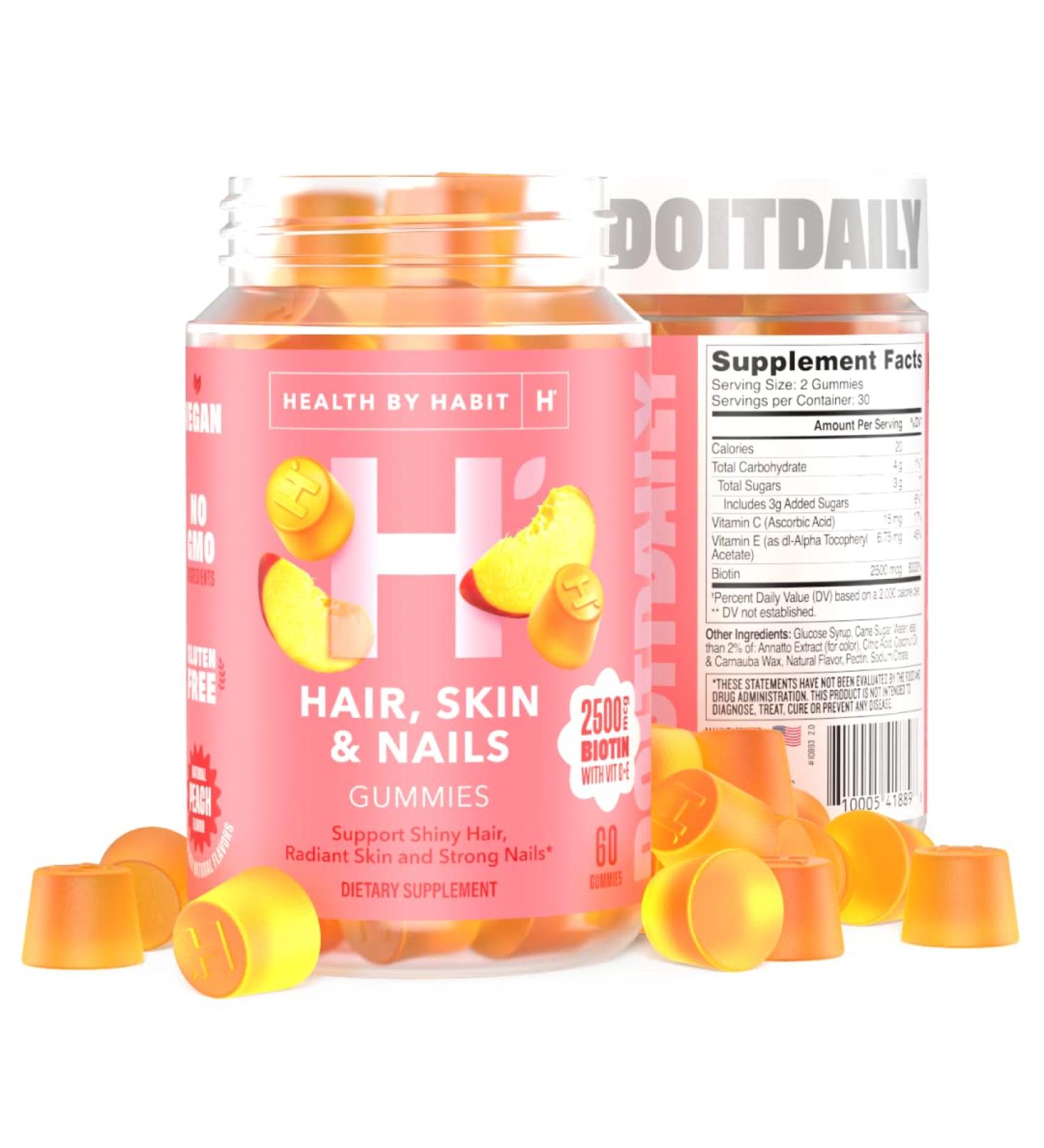 Health By Habit Hair Skin Nails Gummies - 60 ct, 2500mcg Biotin, Vitamin C & E, Strong Nails, Peach Flavor, Vegan, Gluten Free, Non-GMO - Buy Online on GoSupps.com