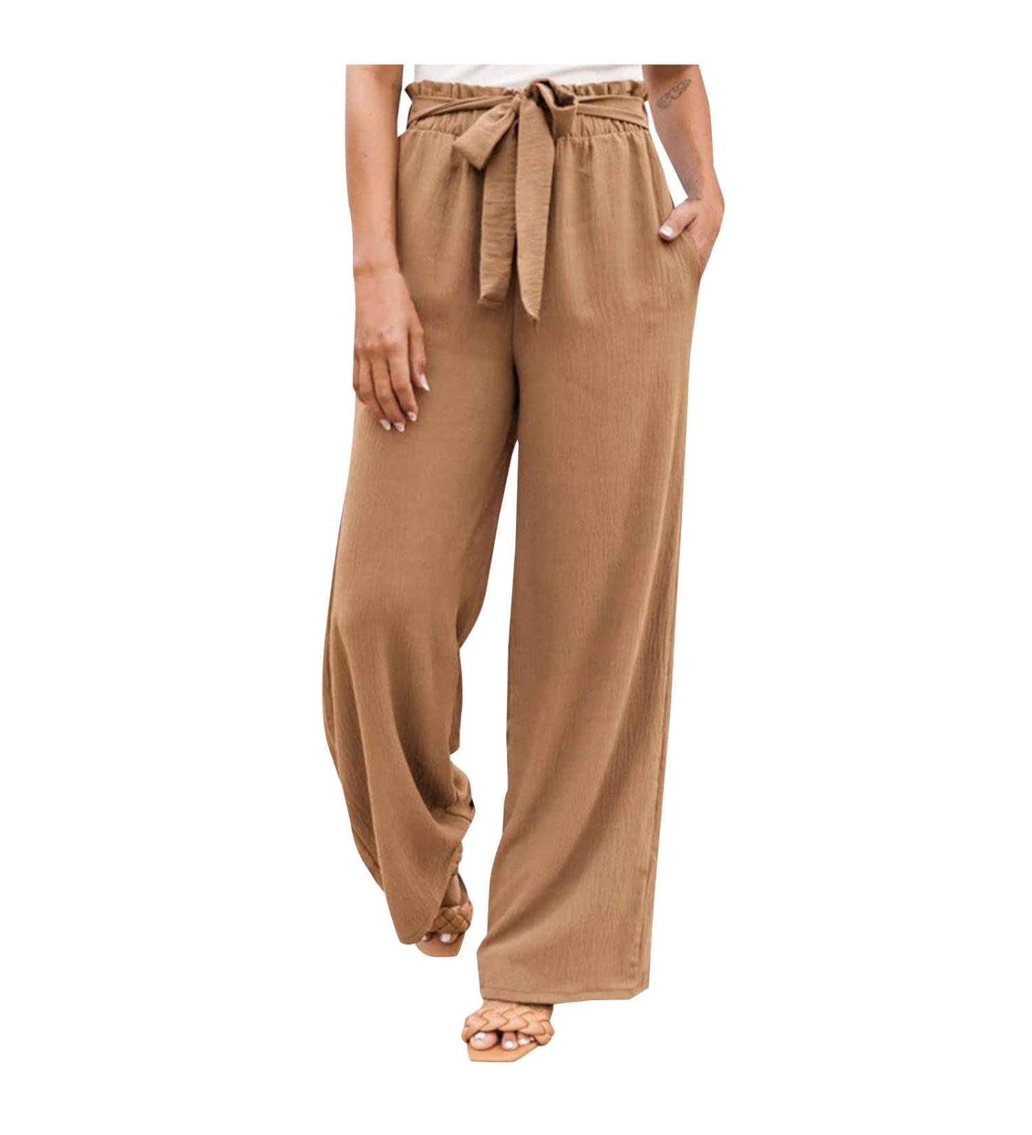 Boho Smocked Cotton Linen Wide Leg Pants for Women | Casual Beach Trousers - A-brown (Small) - Buy Online on GoSupps.com