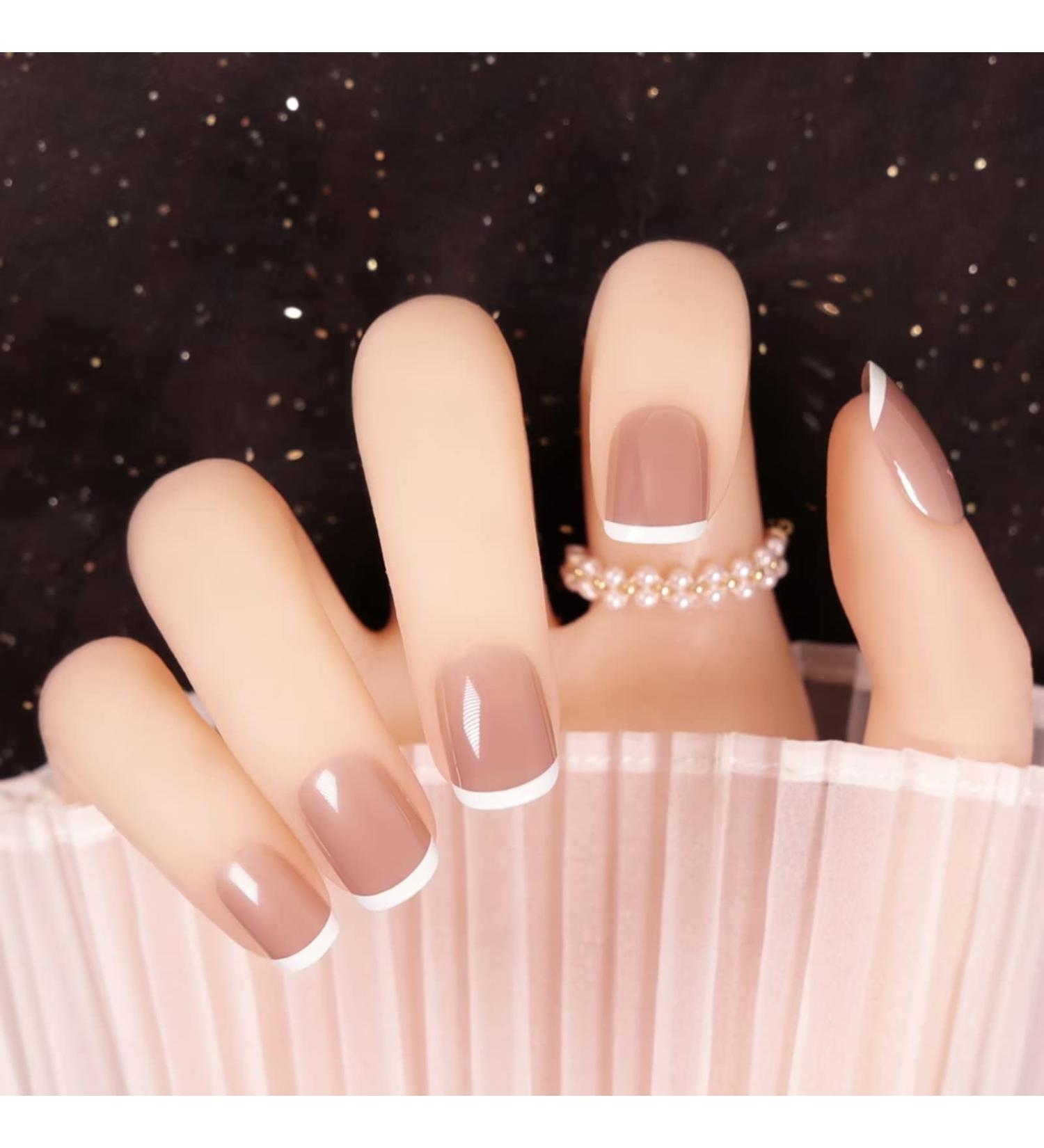 French Tip Press on Nails Medium Nude - 24Pcs Acrylic False Nails for Women and Girls - Buy Online on GoSupps.com