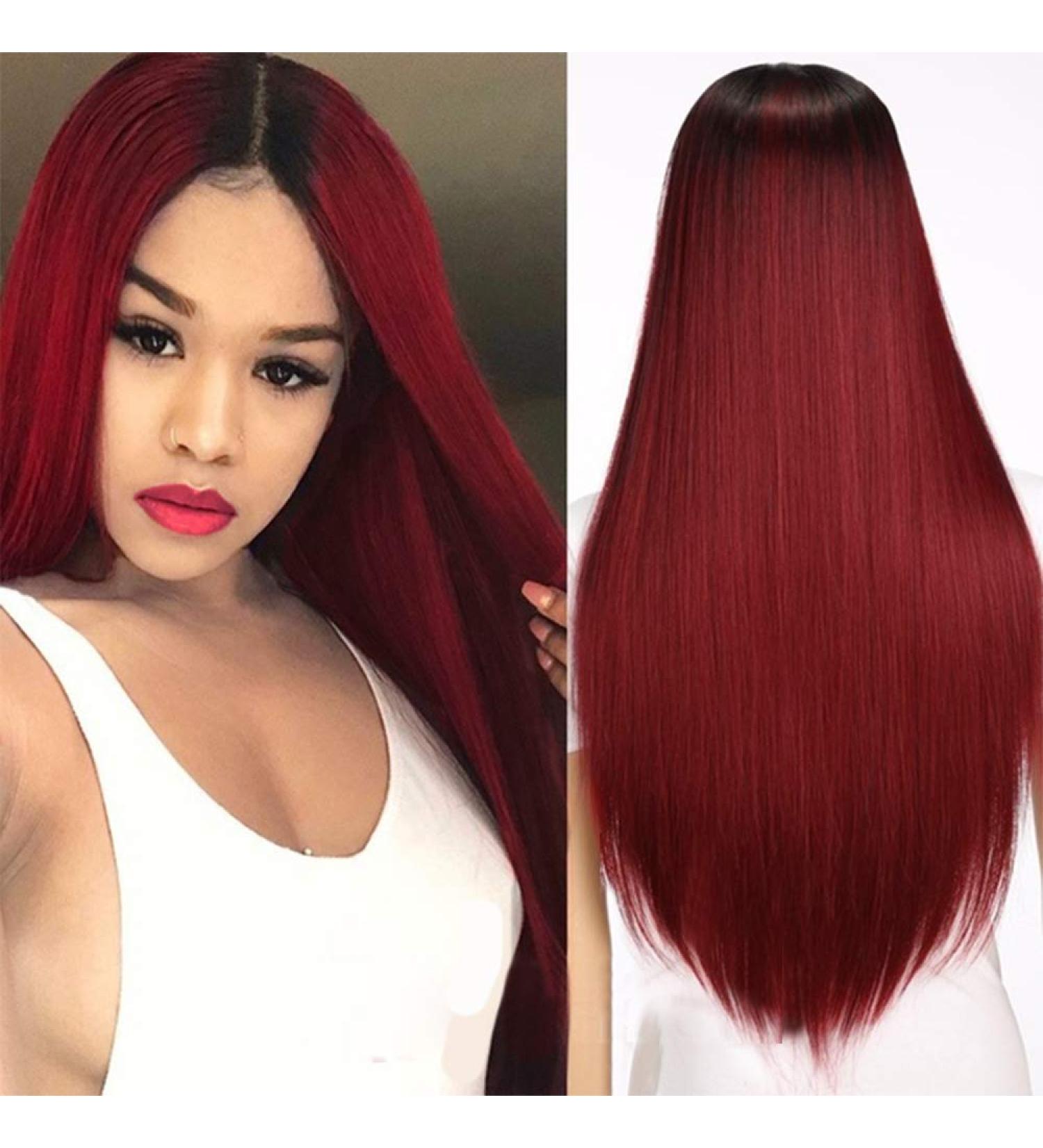 Topwigy 24 Ombre Red Long Straight Synthetic Hair Wig | Heat-Resistant Lace Front Wig for Black Women with Black Roots - Buy Online on GoSupps.com