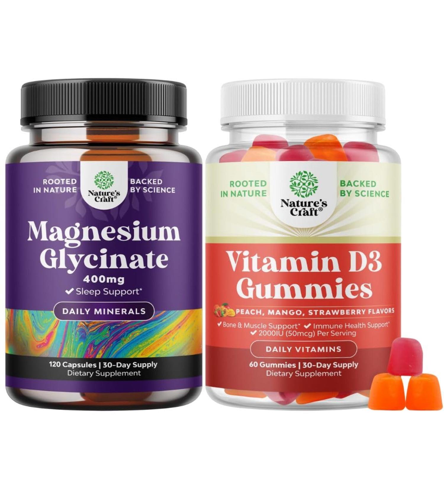 Bundle of Pure Magnesium Glycinate Supplement 400mg Per Serving for Mood Sleep and Relaxation Support and Vitamin D3 Gummies for Daily Wellness with 2000IU per Serving Bone Muscle & Immune Support - Buy Online on GoSupps.com