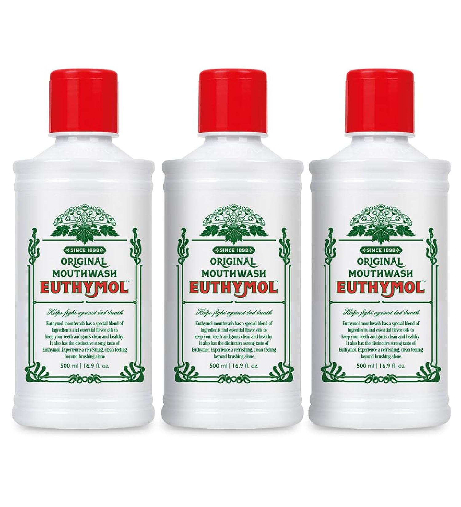 Euthymol Mouthwash Original 500mlx 3 Fluoridefree Intense Taste Reduces Plaque Healthy Teeth & Gums Freshens Breath Daily Oral Care - Buy Online on GoSupps.com