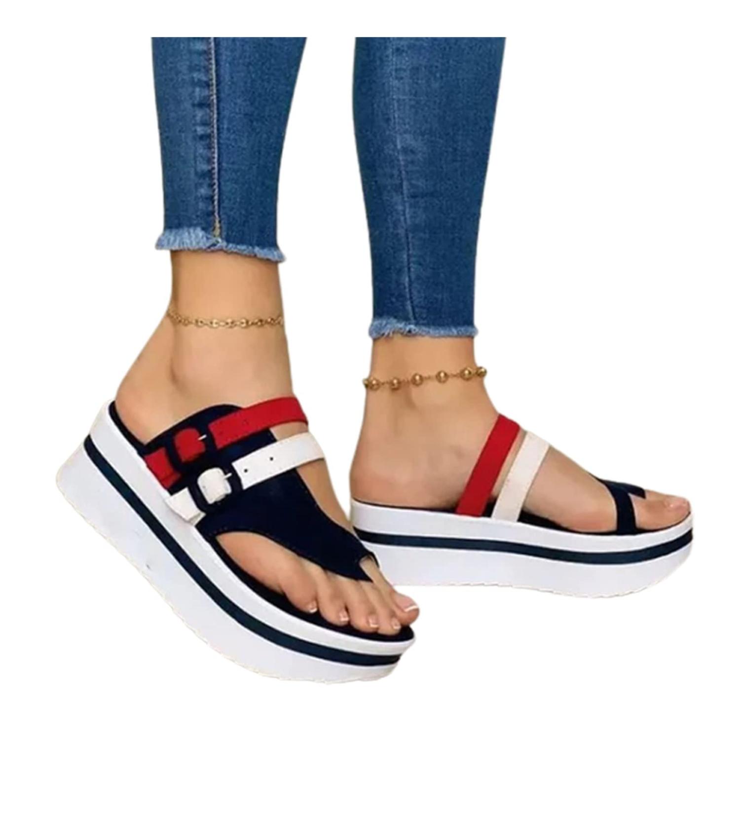Women Platform Wedge Bunion Corrector Sandals - Dark Blue, 25cm Foot Length | Non-Slip Orthopedic Toe Correction Flip Flops - Buy Online on GoSupps.com