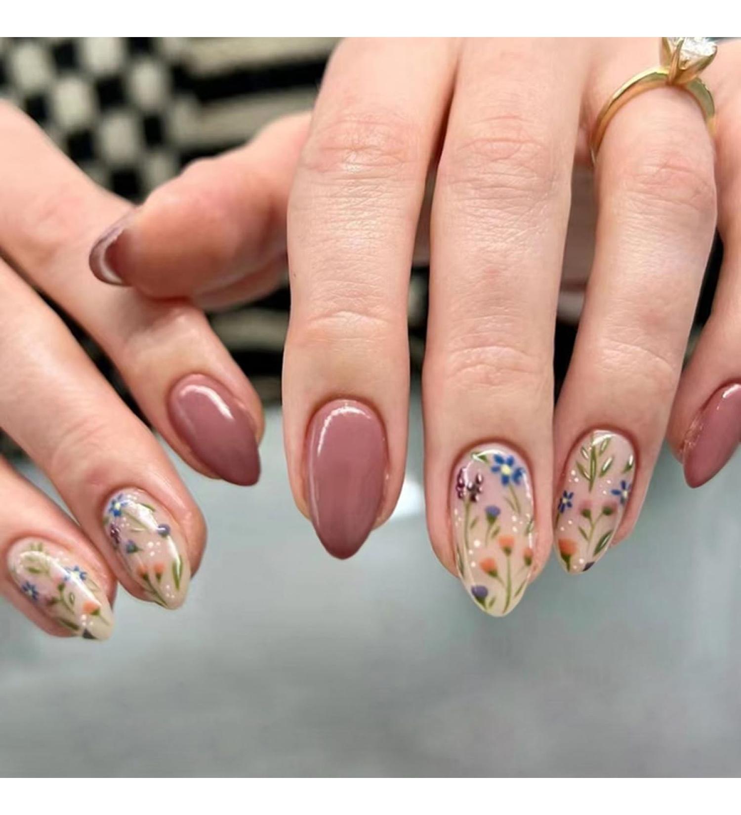 30 Pcs Reddish Brown Almond Press on Nails - BHLFRH Flower Design Full Cover Acrylic Fake Nails for Women & Girls - Perfect French Tips - Buy Online on GoSupps.com