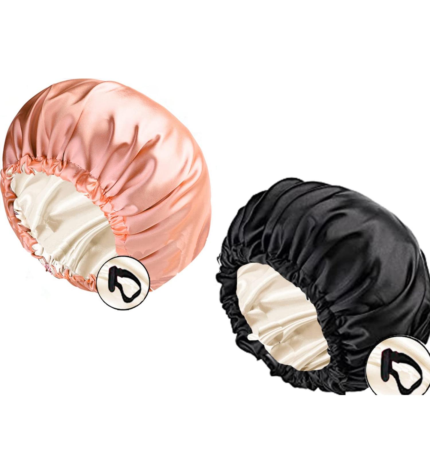 Ladaypoa 2-Piece Satin Sleeping Cap for Women - Double-Layer Adjustable Silk Hood for Curly Hair - Pink & Black - Buy Online on GoSupps.com